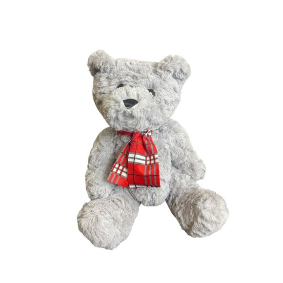 Gray Teddy Bear plush with red plaid winter scarf Sitting Stuffed Animal - Picture 2 of 5
